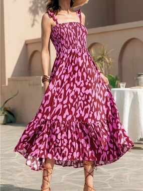 Sleeveless Pink & Burgundy Animal Print Midi Dress